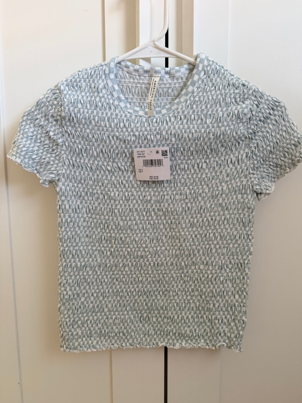 American Eagle Outfitters Smocked Knit Top in Light Blue and White